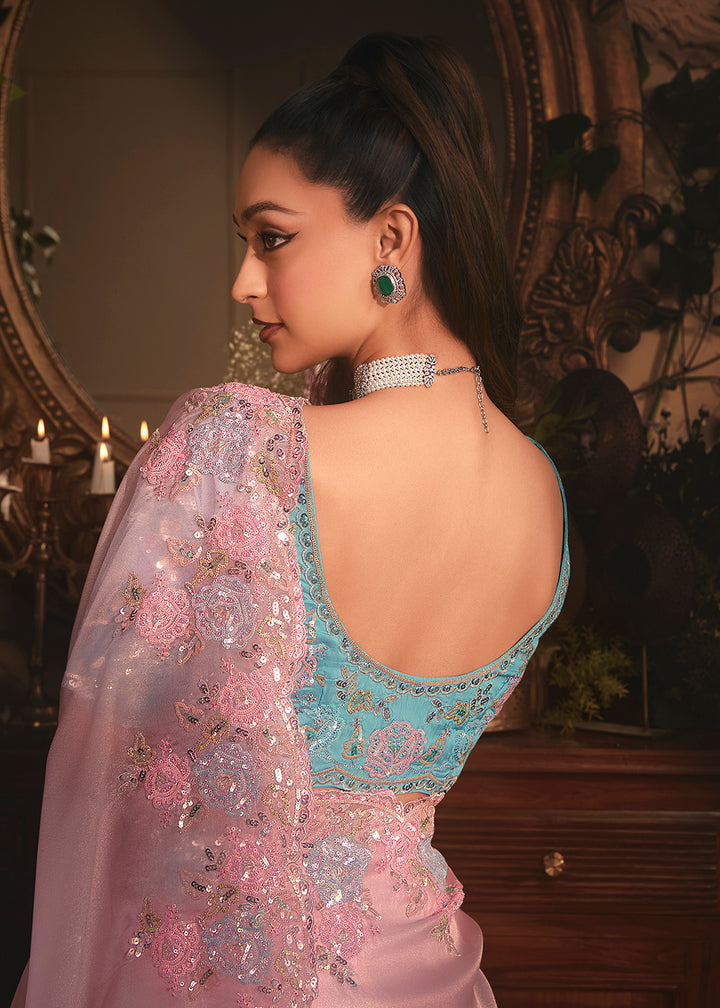 Buy Pink Tissue Organza Silk Embroidered Designer Saree Online in US, UK, Canada, France, Germany, Italy, Denmark, Singapore, Belgium & Worldwide at Empress.