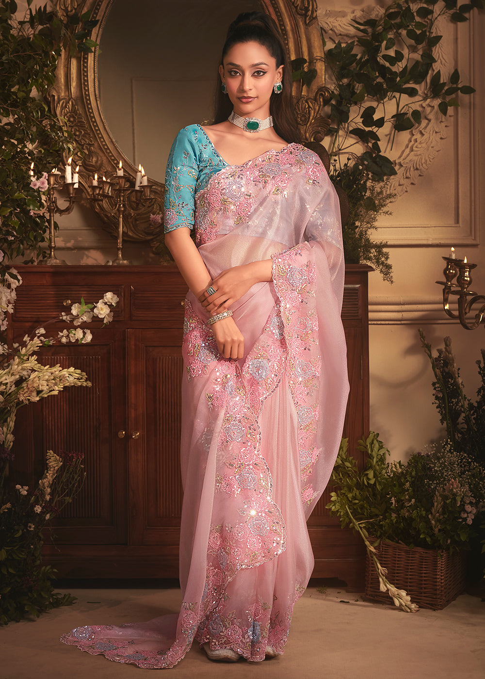 Buy Pink Tissue Organza Silk Embroidered Designer Saree Online in US, UK, Canada, France, Germany, Italy, Denmark, Singapore, Belgium & Worldwide at Empress.