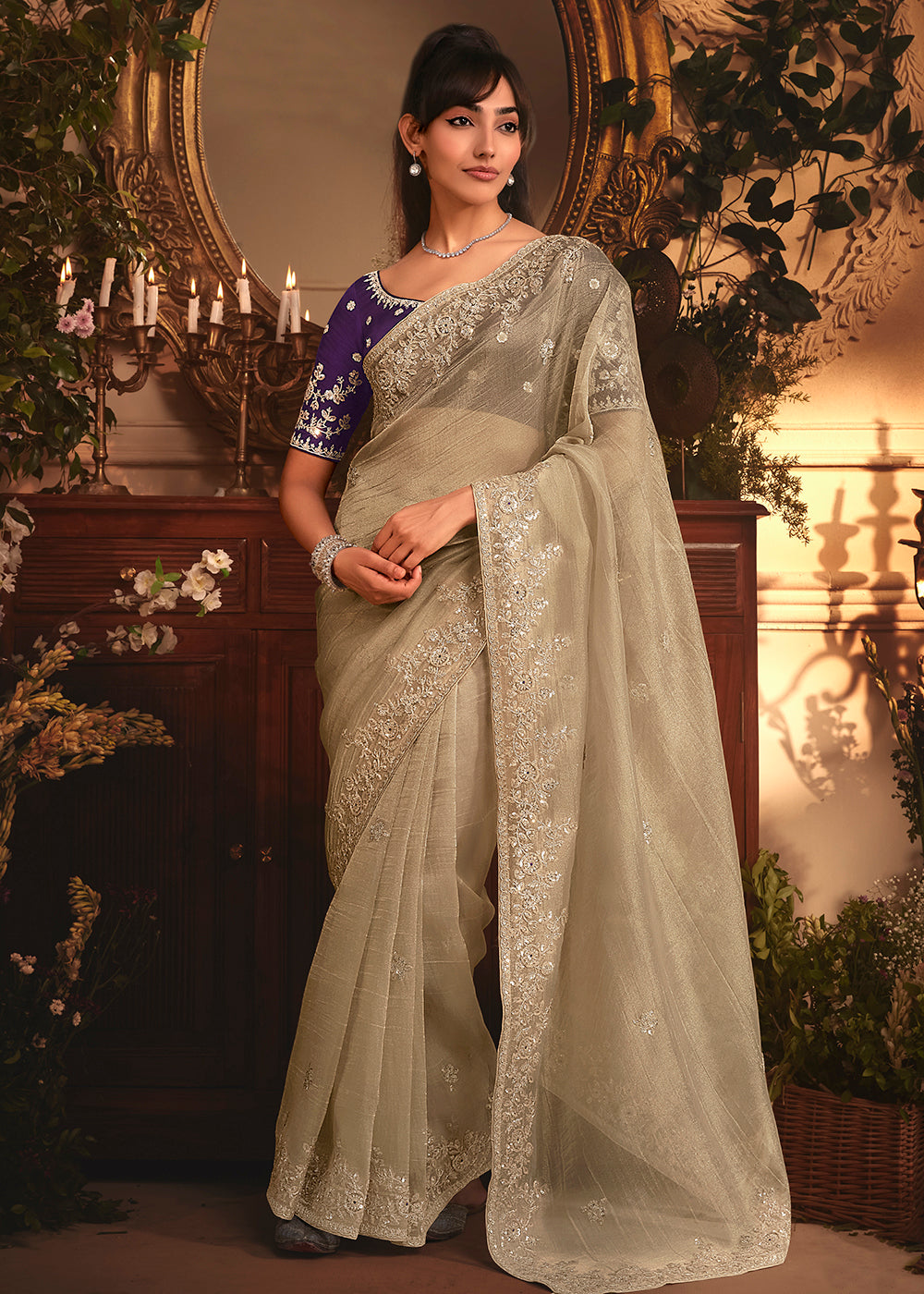 Buy Beige Tissue Organza Silk Embroidered Designer Saree Online in US, UK, Canada, France, Germany, Italy, Denmark, Singapore, Belgium & Worldwide at Empress.