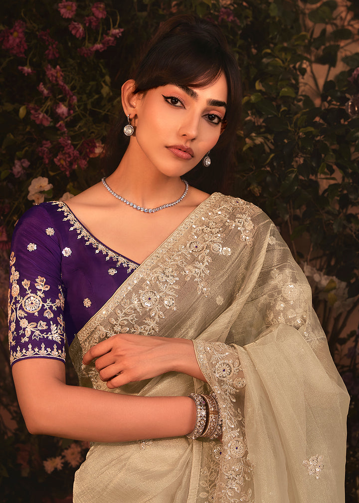 Buy Beige Tissue Organza Silk Embroidered Designer Saree Online in US, UK, Canada, France, Germany, Italy, Denmark, Singapore, Belgium & Worldwide at Empress.