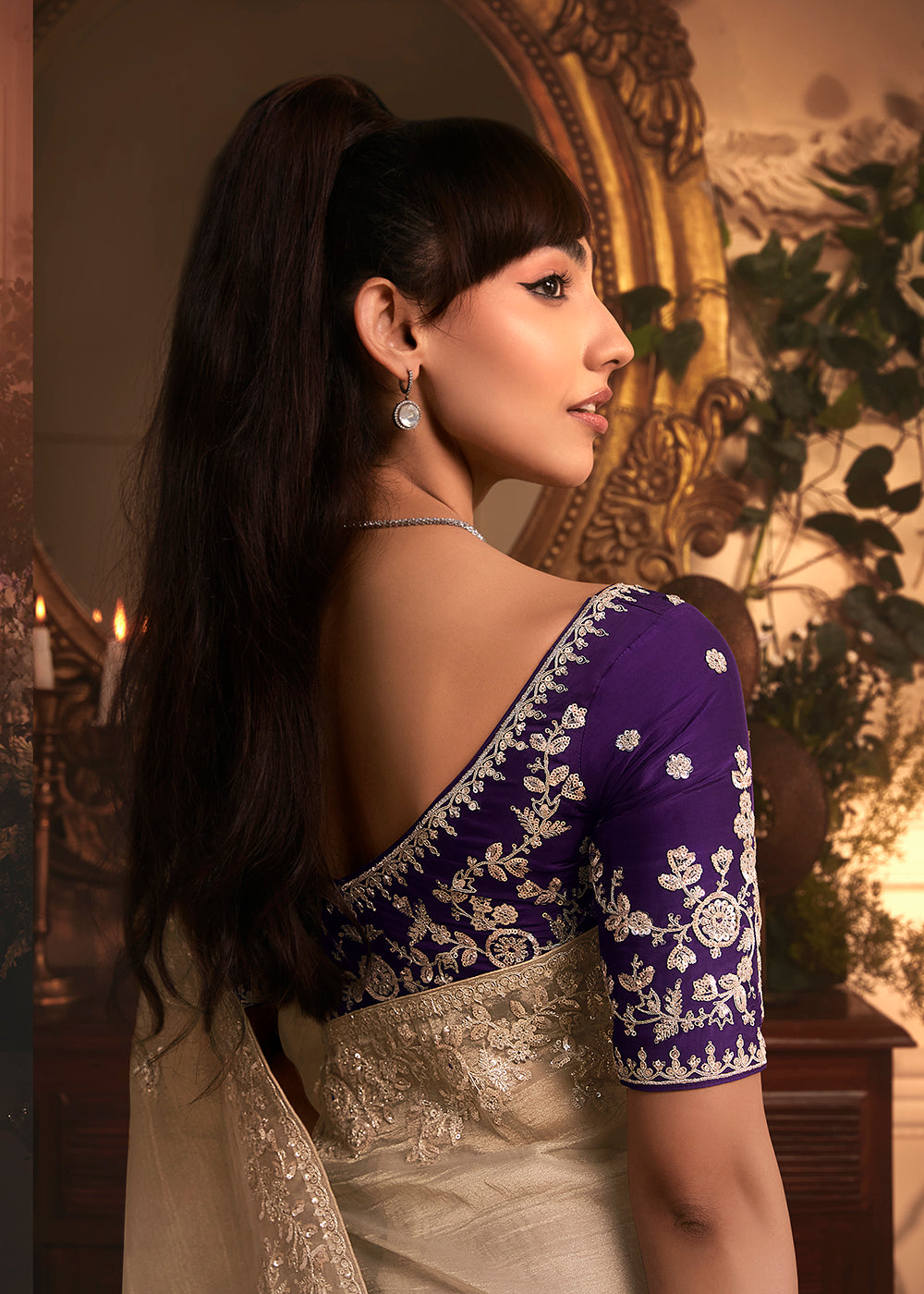 Buy Beige Tissue Organza Silk Embroidered Designer Saree Online in US, UK, Canada, France, Germany, Italy, Denmark, Singapore, Belgium & Worldwide at Empress.