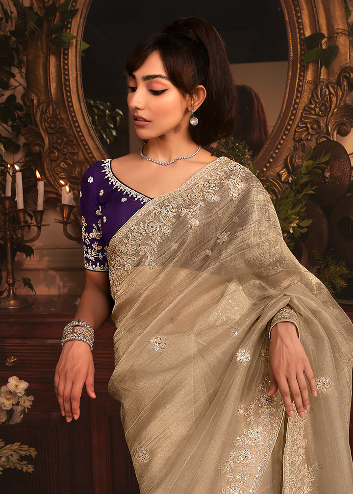 Buy Beige Tissue Organza Silk Embroidered Designer Saree Online in US, UK, Canada, France, Germany, Italy, Denmark, Singapore, Belgium & Worldwide at Empress.