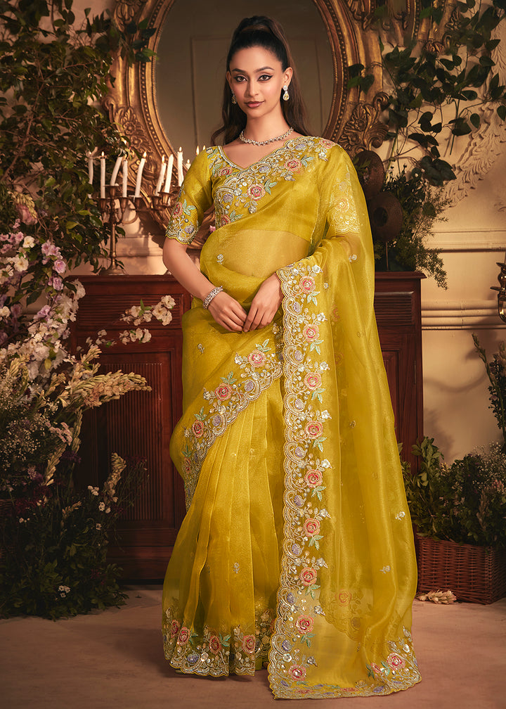 Buy Yellow Tissue Organza Silk Embroidered Designer Saree Online in US, UK, Canada, France, Germany, Italy, Denmark, Singapore, Belgium & Worldwide at Empress.