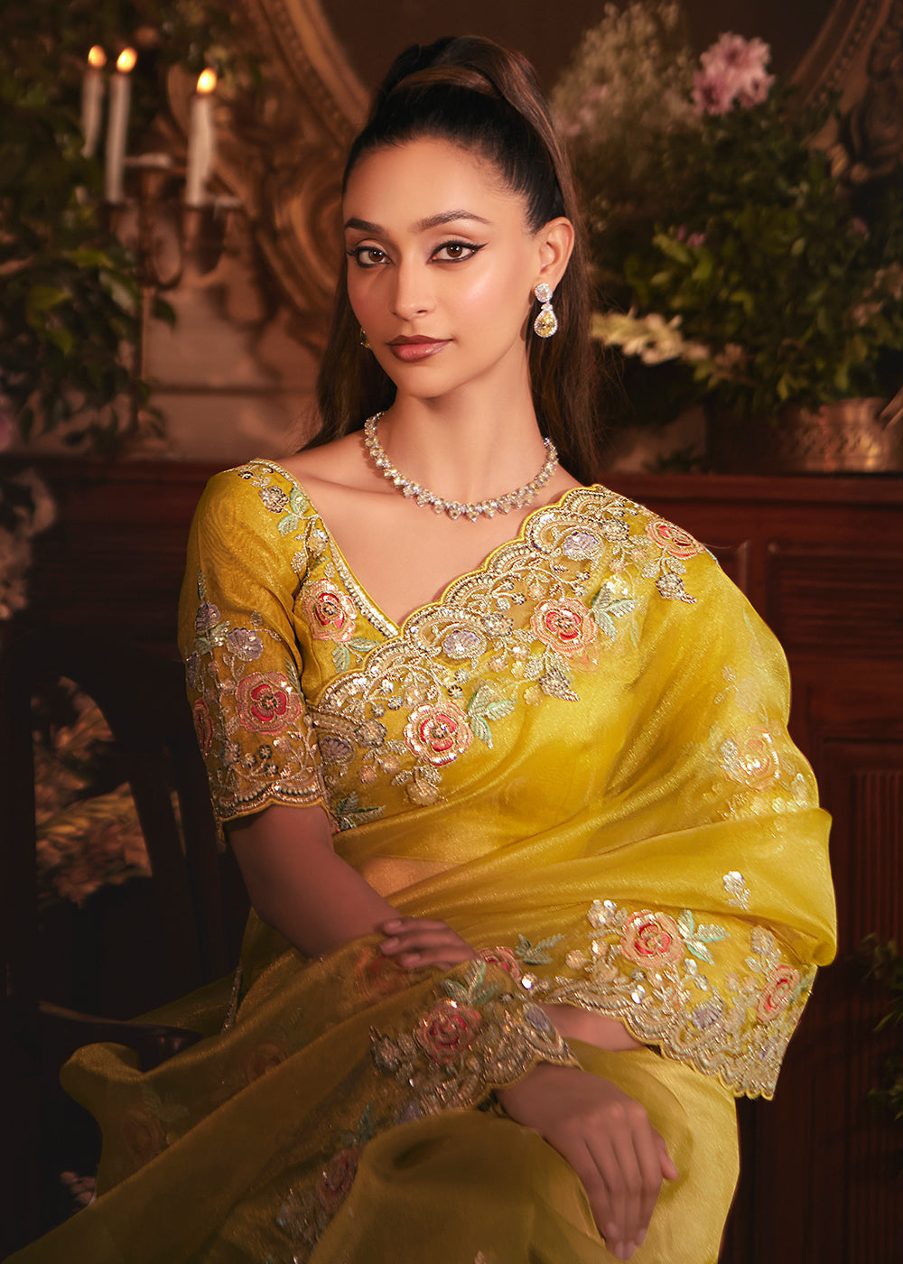 Buy Yellow Tissue Organza Silk Embroidered Designer Saree Online in US, UK, Canada, France, Germany, Italy, Denmark, Singapore, Belgium & Worldwide at Empress.