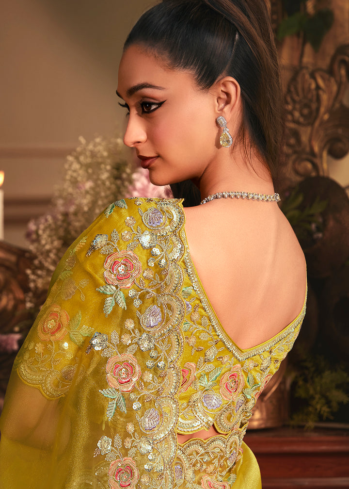 Buy Yellow Tissue Organza Silk Embroidered Designer Saree Online in US, UK, Canada, France, Germany, Italy, Denmark, Singapore, Belgium & Worldwide at Empress.