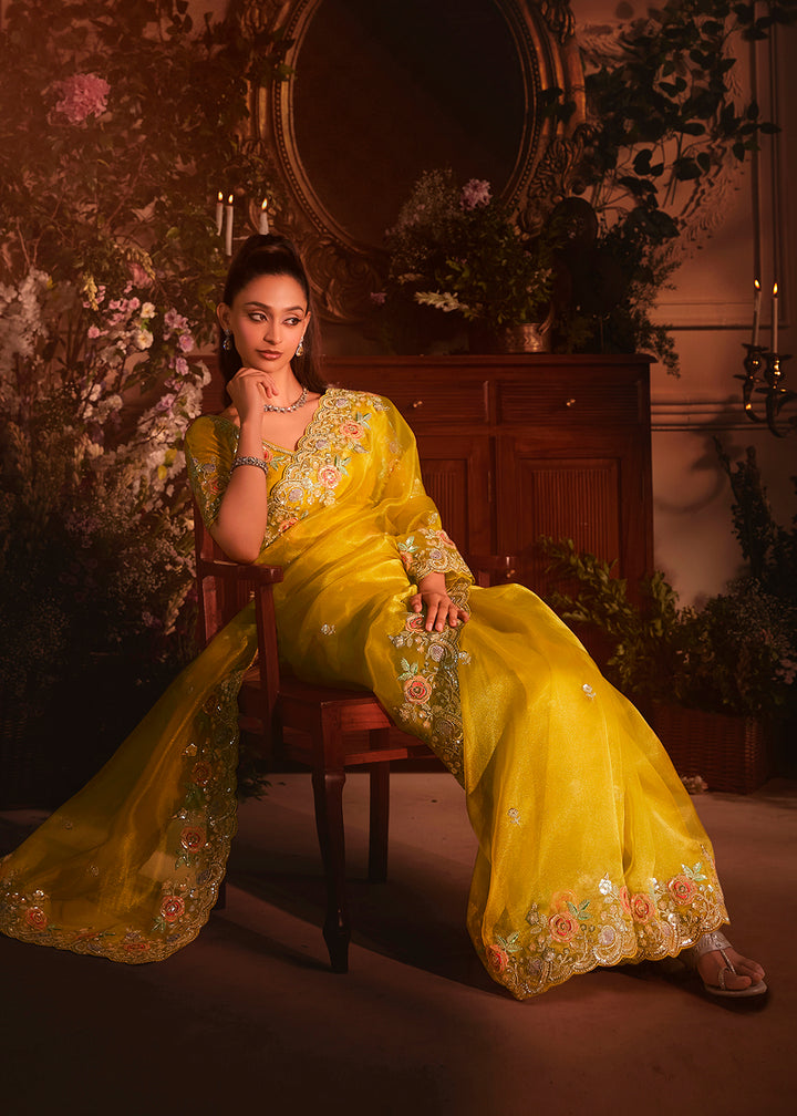 Buy Yellow Tissue Organza Silk Embroidered Designer Saree Online in US, UK, Canada, France, Germany, Italy, Denmark, Singapore, Belgium & Worldwide at Empress.
