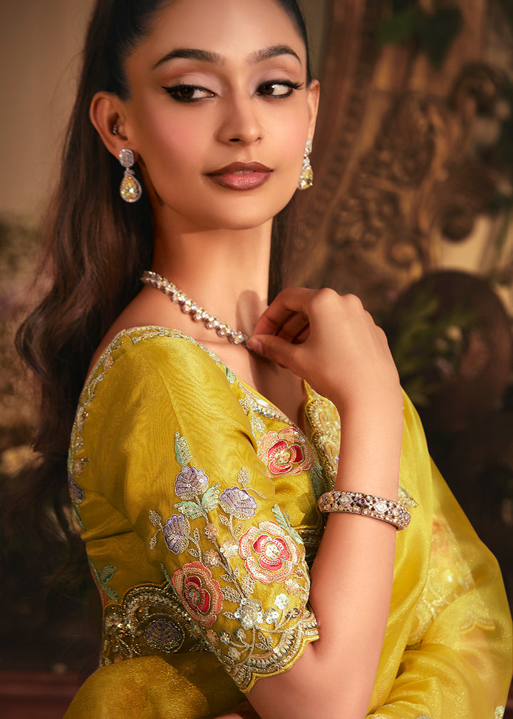 Buy Yellow Tissue Organza Silk Embroidered Designer Saree Online in US, UK, Canada, France, Germany, Italy, Denmark, Singapore, Belgium & Worldwide at Empress.
