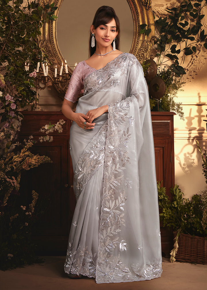 Buy Grey Tissue Organza Silk Embroidered Designer Saree Online in US, UK, Canada, France, Germany, Italy, Denmark, Singapore, Belgium & Worldwide at Empress.