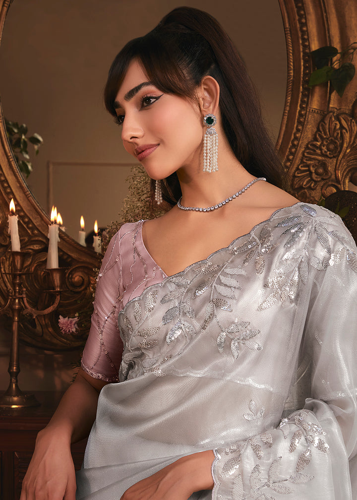 Buy Grey Tissue Organza Silk Embroidered Designer Saree Online in US, UK, Canada, France, Germany, Italy, Denmark, Singapore, Belgium & Worldwide at Empress.