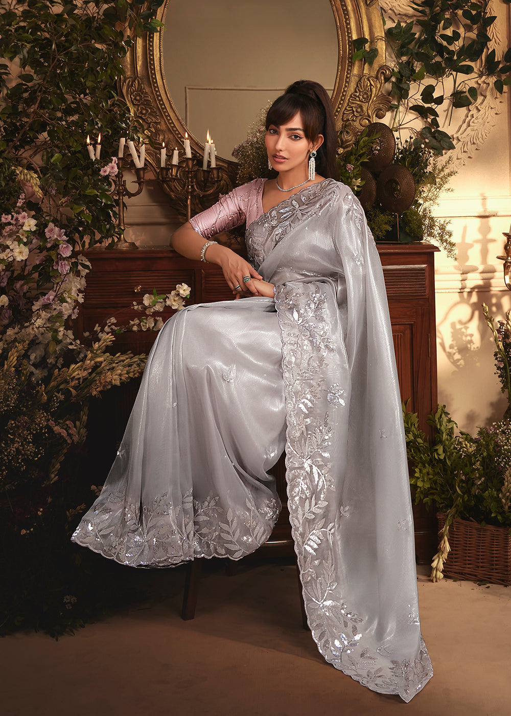 Buy Grey Tissue Organza Silk Embroidered Designer Saree Online in US, UK, Canada, France, Germany, Italy, Denmark, Singapore, Belgium & Worldwide at Empress.