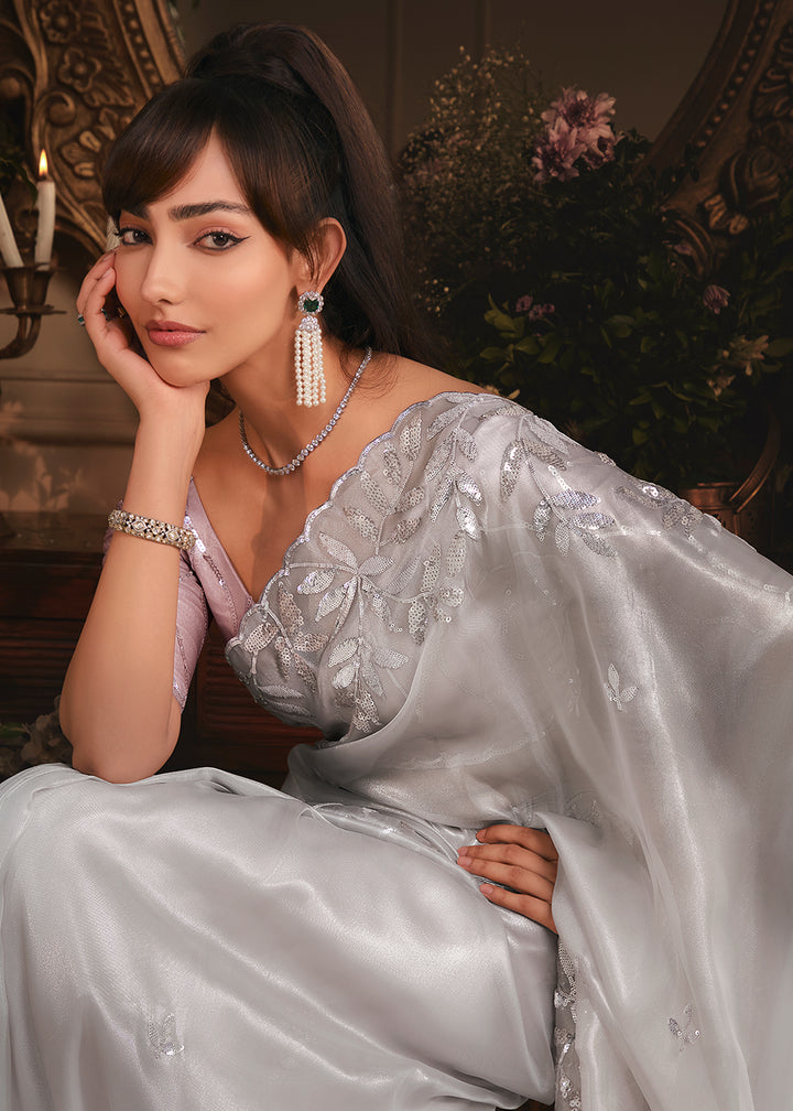 Buy Grey Tissue Organza Silk Embroidered Designer Saree Online in US, UK, Canada, France, Germany, Italy, Denmark, Singapore, Belgium & Worldwide at Empress.