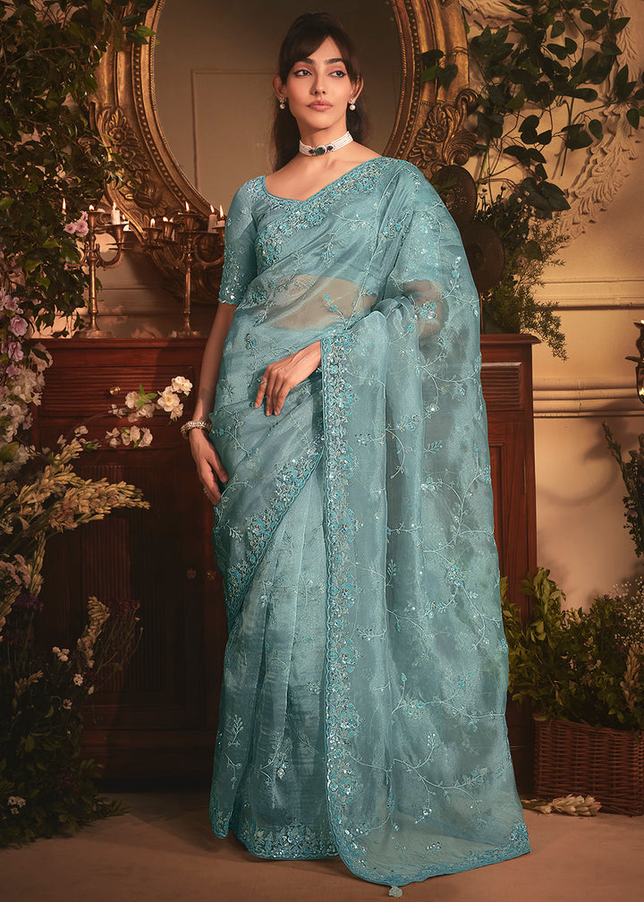 Buy Sea Blue Tissue Organza Silk Embroidered Designer Saree Online in US, UK, Canada, France, Germany, Italy, Denmark, Singapore, Belgium & Worldwide at Empress.