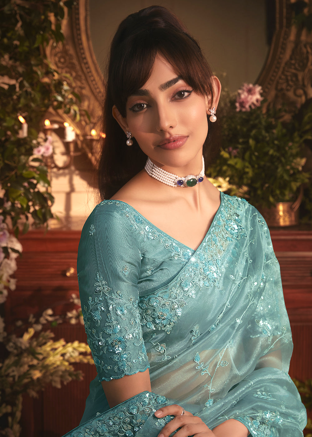 Buy Sea Blue Tissue Organza Silk Embroidered Designer Saree Online in US, UK, Canada, France, Germany, Italy, Denmark, Singapore, Belgium & Worldwide at Empress.