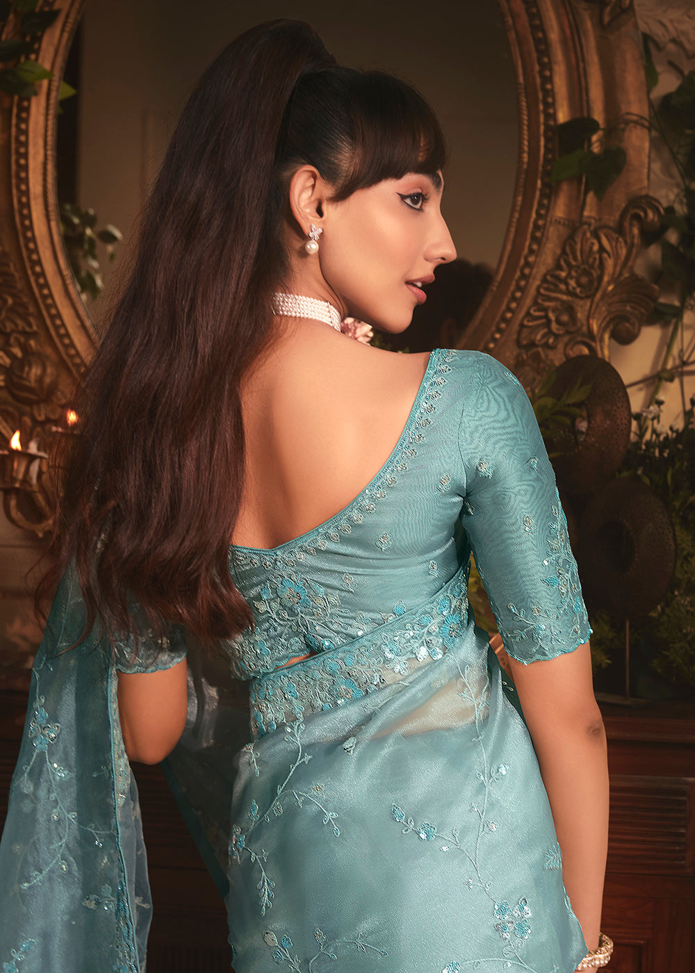 Buy Sea Blue Tissue Organza Silk Embroidered Designer Saree Online in US, UK, Canada, France, Germany, Italy, Denmark, Singapore, Belgium & Worldwide at Empress.