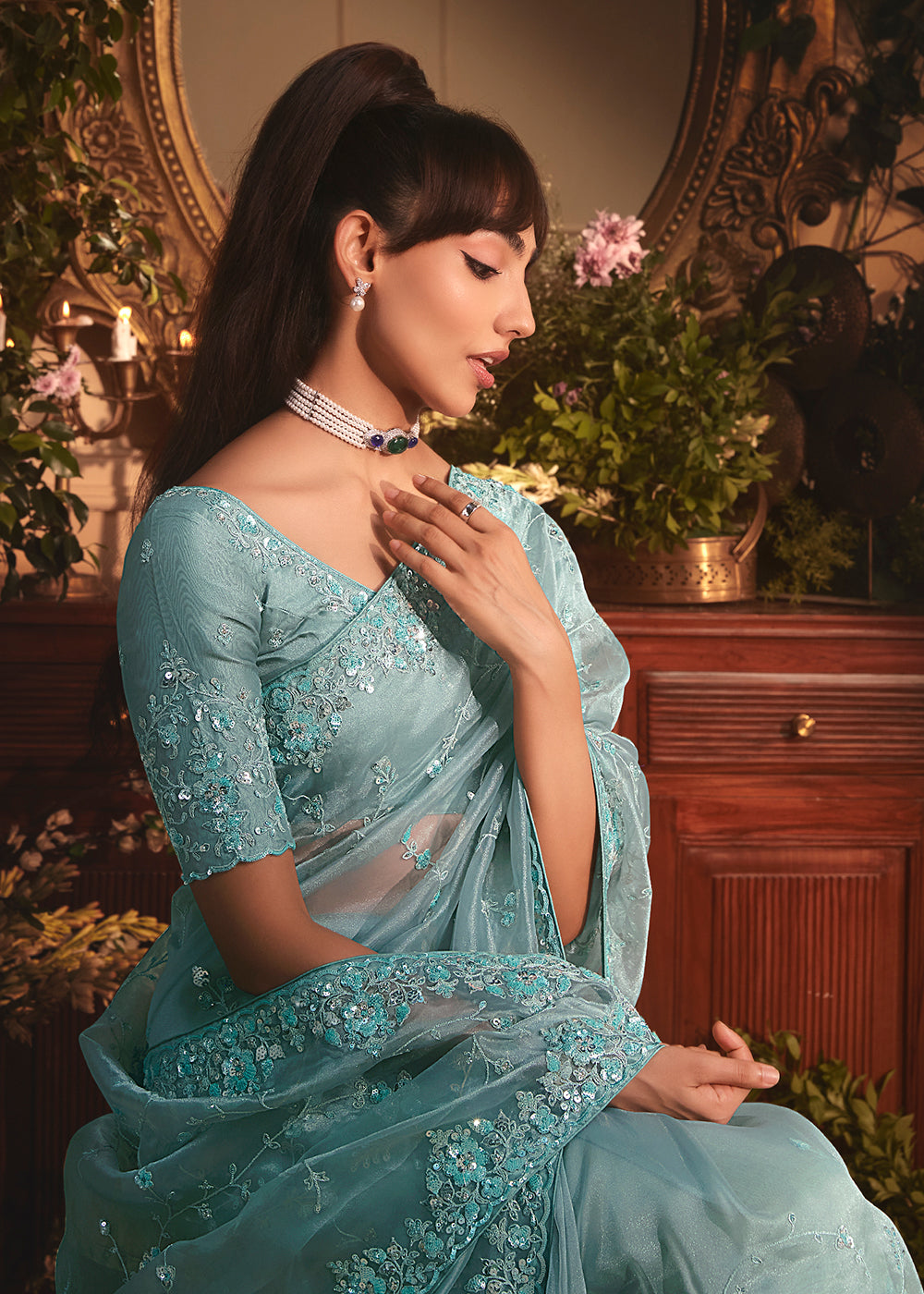 Buy Sea Blue Tissue Organza Silk Embroidered Designer Saree Online in US, UK, Canada, France, Germany, Italy, Denmark, Singapore, Belgium & Worldwide at Empress.