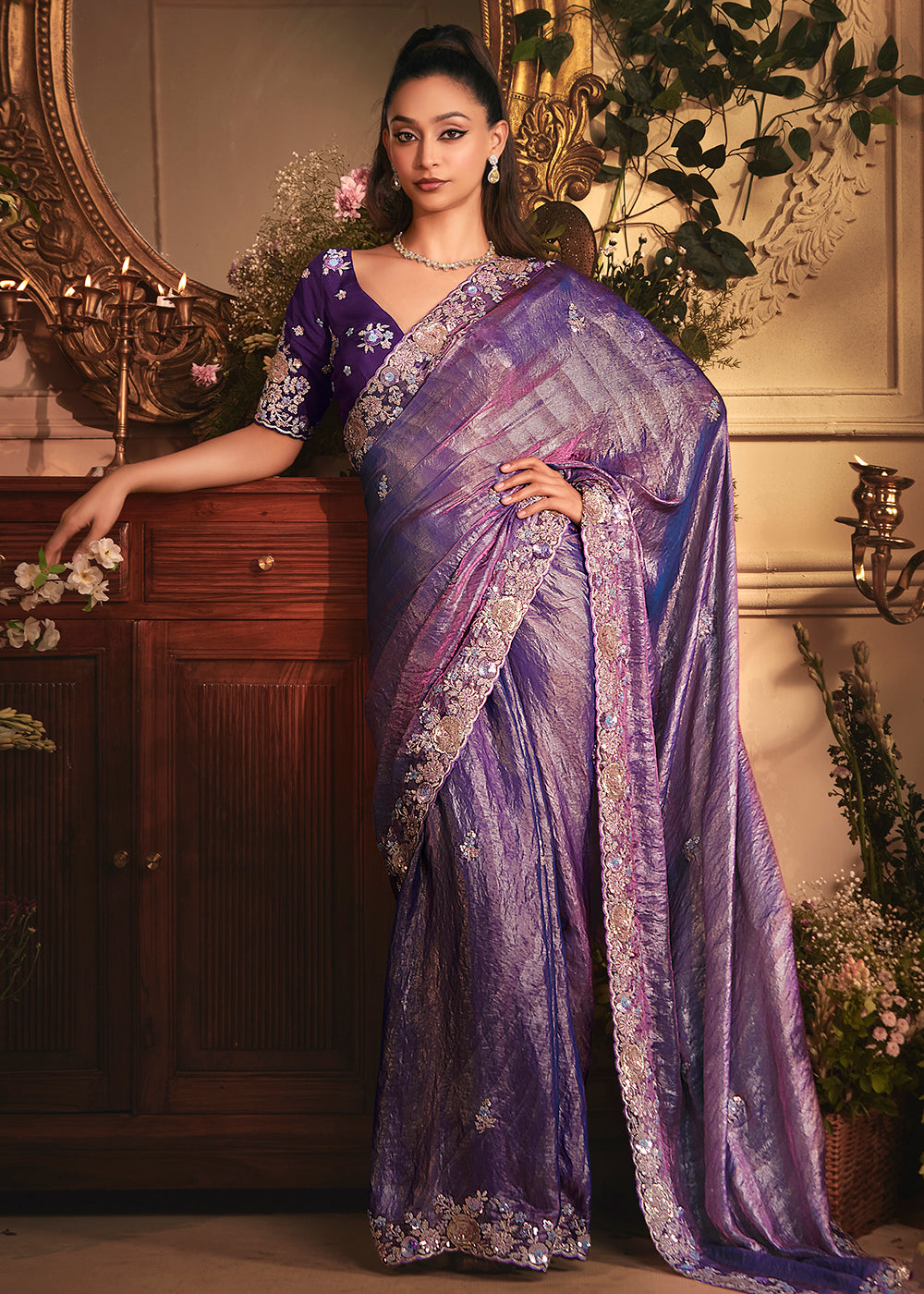 Buy Violet Tissue Organza Silk Embroidered Designer Saree Online in US, UK, Canada, France, Germany, Italy, Denmark, Singapore, Belgium & Worldwide at Empress.