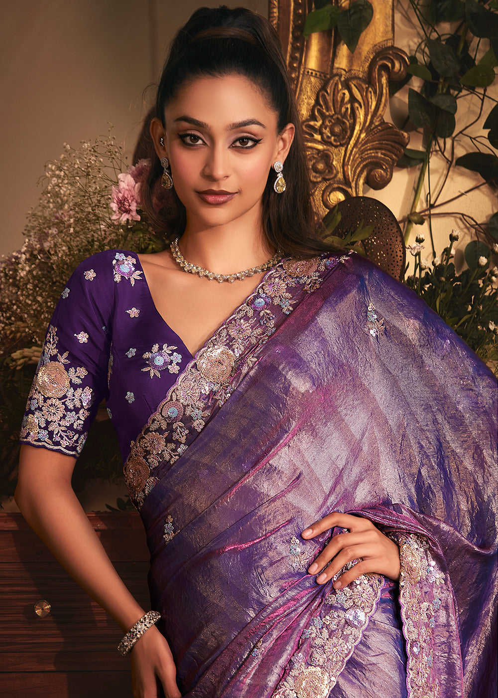 Buy Violet Tissue Organza Silk Embroidered Designer Saree Online in US, UK, Canada, France, Germany, Italy, Denmark, Singapore, Belgium & Worldwide at Empress.