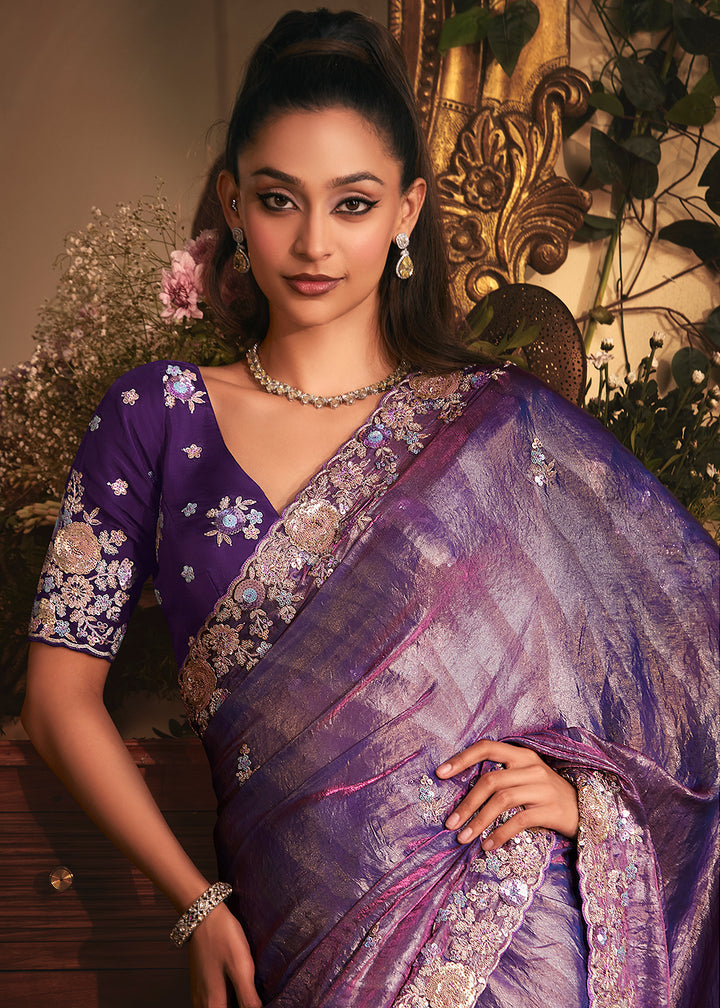 Buy Violet Tissue Organza Silk Embroidered Designer Saree Online in US, UK, Canada, France, Germany, Italy, Denmark, Singapore, Belgium & Worldwide at Empress.
