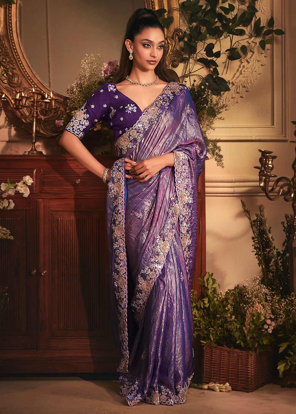 Buy Violet Tissue Organza Silk Embroidered Designer Saree Online in US, UK, Canada, France, Germany, Italy, Denmark, Singapore, Belgium & Worldwide at Empress.