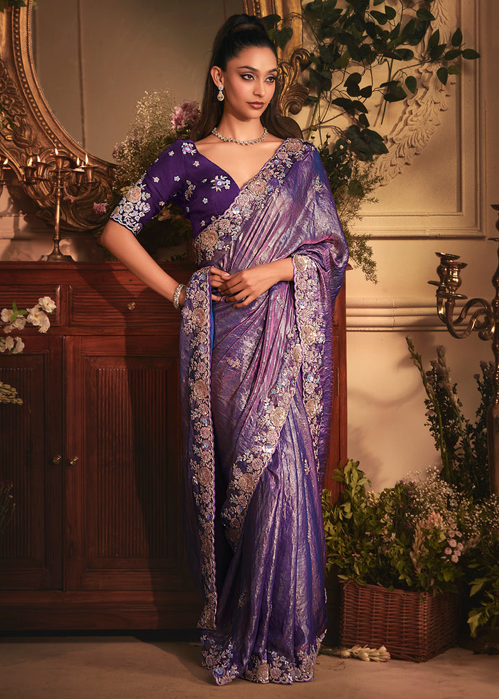 Buy Violet Tissue Organza Silk Embroidered Designer Saree Online in US, UK, Canada, France, Germany, Italy, Denmark, Singapore, Belgium & Worldwide at Empress.