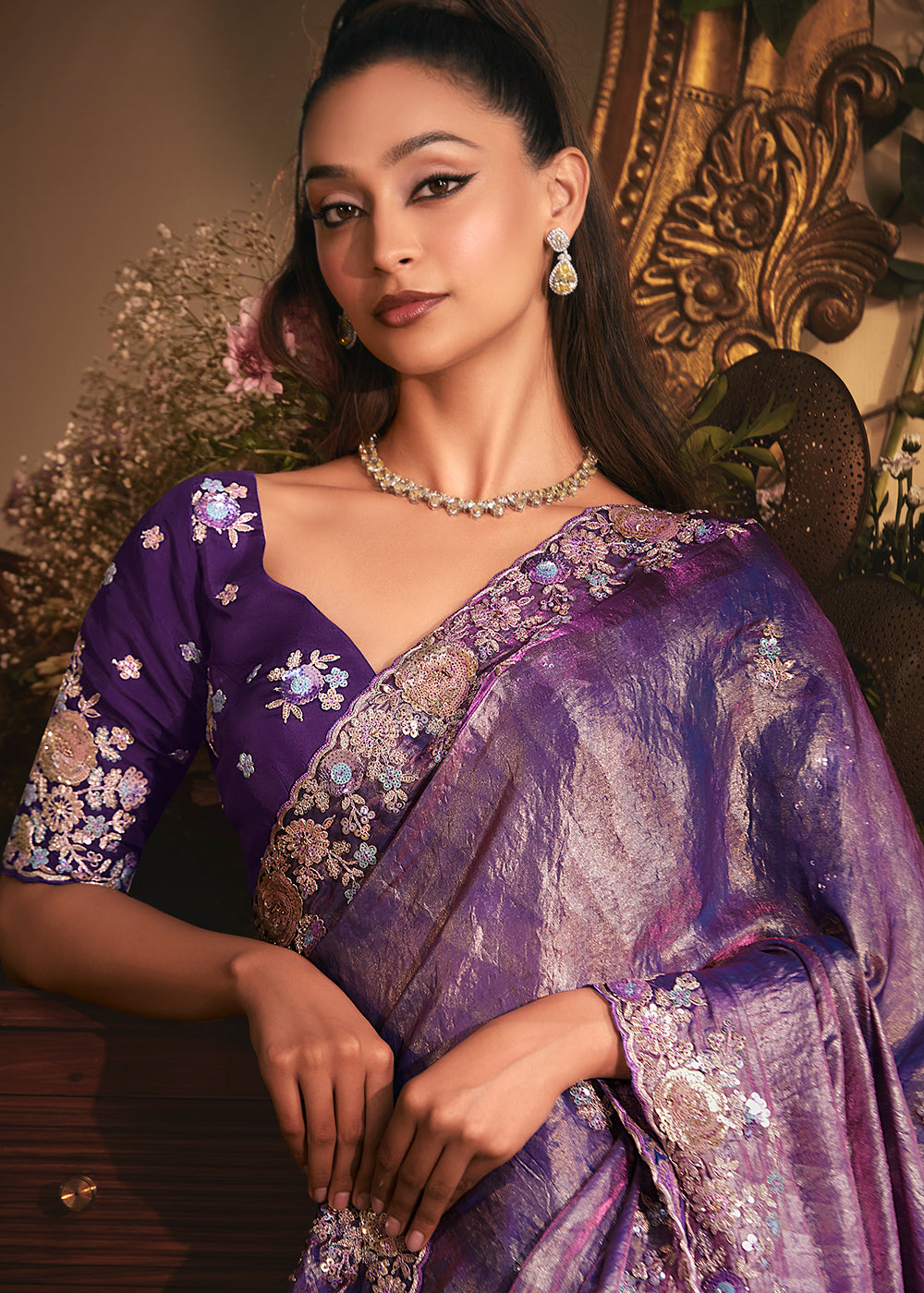 Buy Violet Tissue Organza Silk Embroidered Designer Saree Online in US, UK, Canada, France, Germany, Italy, Denmark, Singapore, Belgium & Worldwide at Empress.