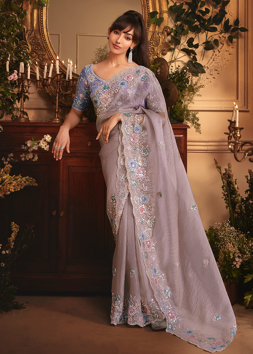 Buy Lavender Tissue Organza Silk Embroidered Designer Saree Online in US, UK, Canada, France, Germany, Italy, Denmark, Singapore, Belgium & Worldwide at Empress.