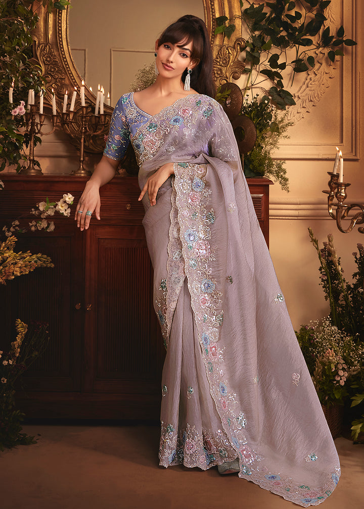 Buy Lavender Tissue Organza Silk Embroidered Designer Saree Online in US, UK, Canada, France, Germany, Italy, Denmark, Singapore, Belgium & Worldwide at Empress.
