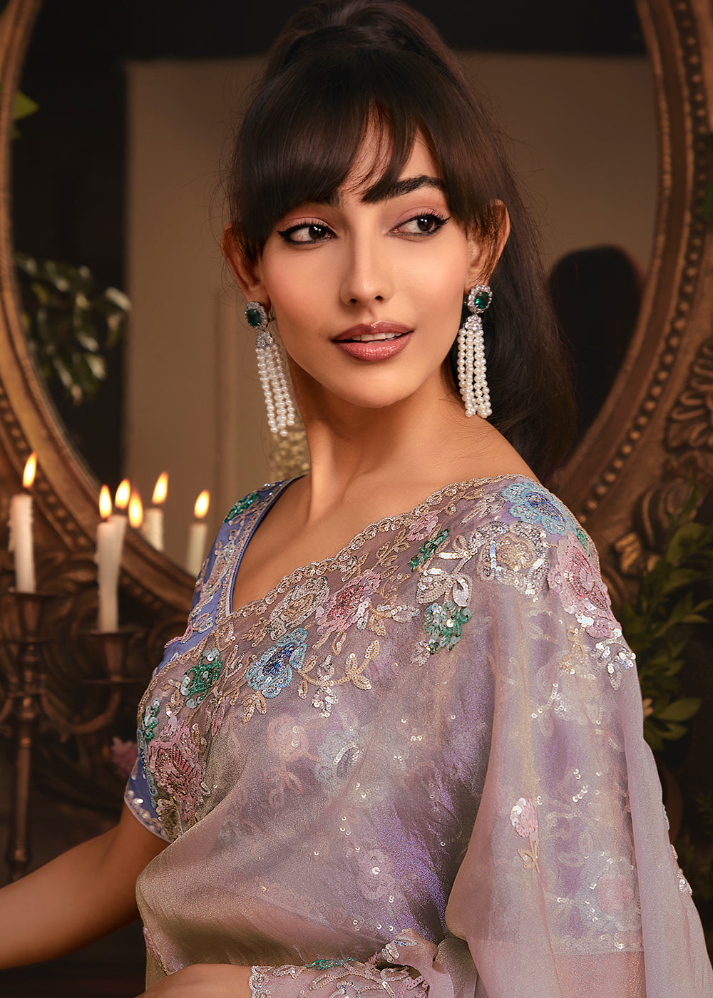Buy Lavender Tissue Organza Silk Embroidered Designer Saree Online in US, UK, Canada, France, Germany, Italy, Denmark, Singapore, Belgium & Worldwide at Empress.