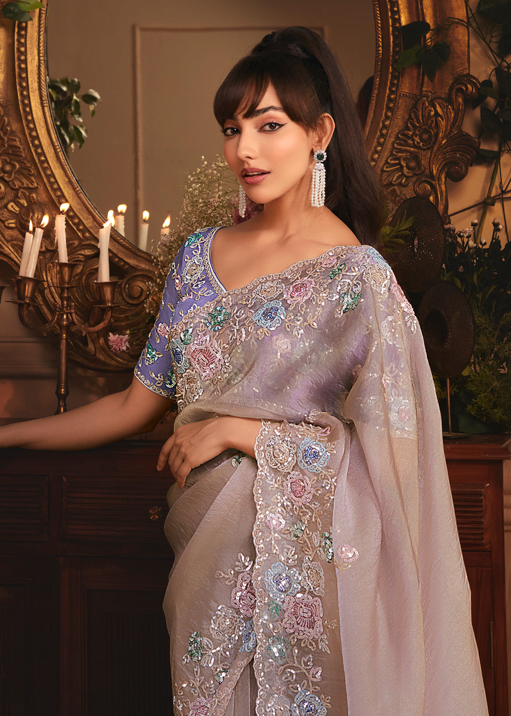 Buy Lavender Tissue Organza Silk Embroidered Designer Saree Online in US, UK, Canada, France, Germany, Italy, Denmark, Singapore, Belgium & Worldwide at Empress.