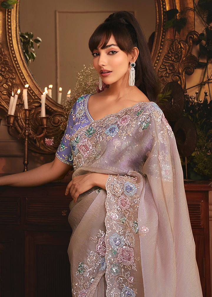 Buy Lavender Tissue Organza Silk Embroidered Designer Saree Online in US, UK, Canada, France, Germany, Italy, Denmark, Singapore, Belgium & Worldwide at Empress.