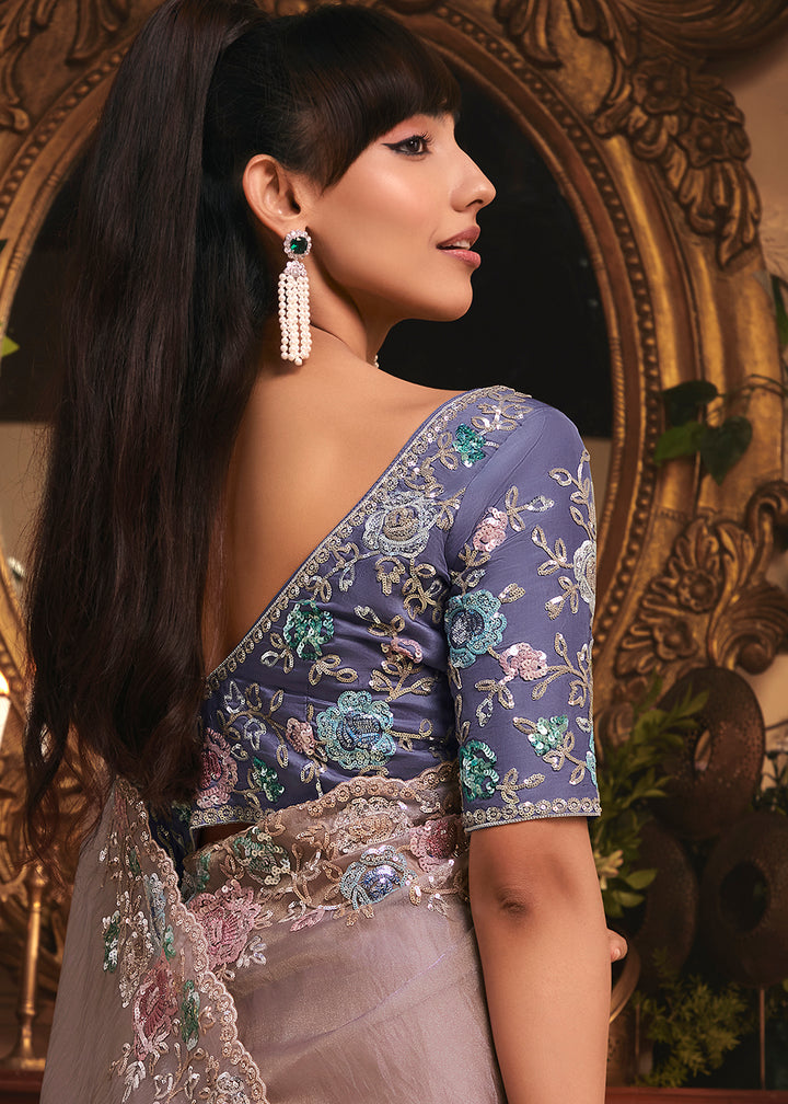 Buy Lavender Tissue Organza Silk Embroidered Designer Saree Online in US, UK, Canada, France, Germany, Italy, Denmark, Singapore, Belgium & Worldwide at Empress.