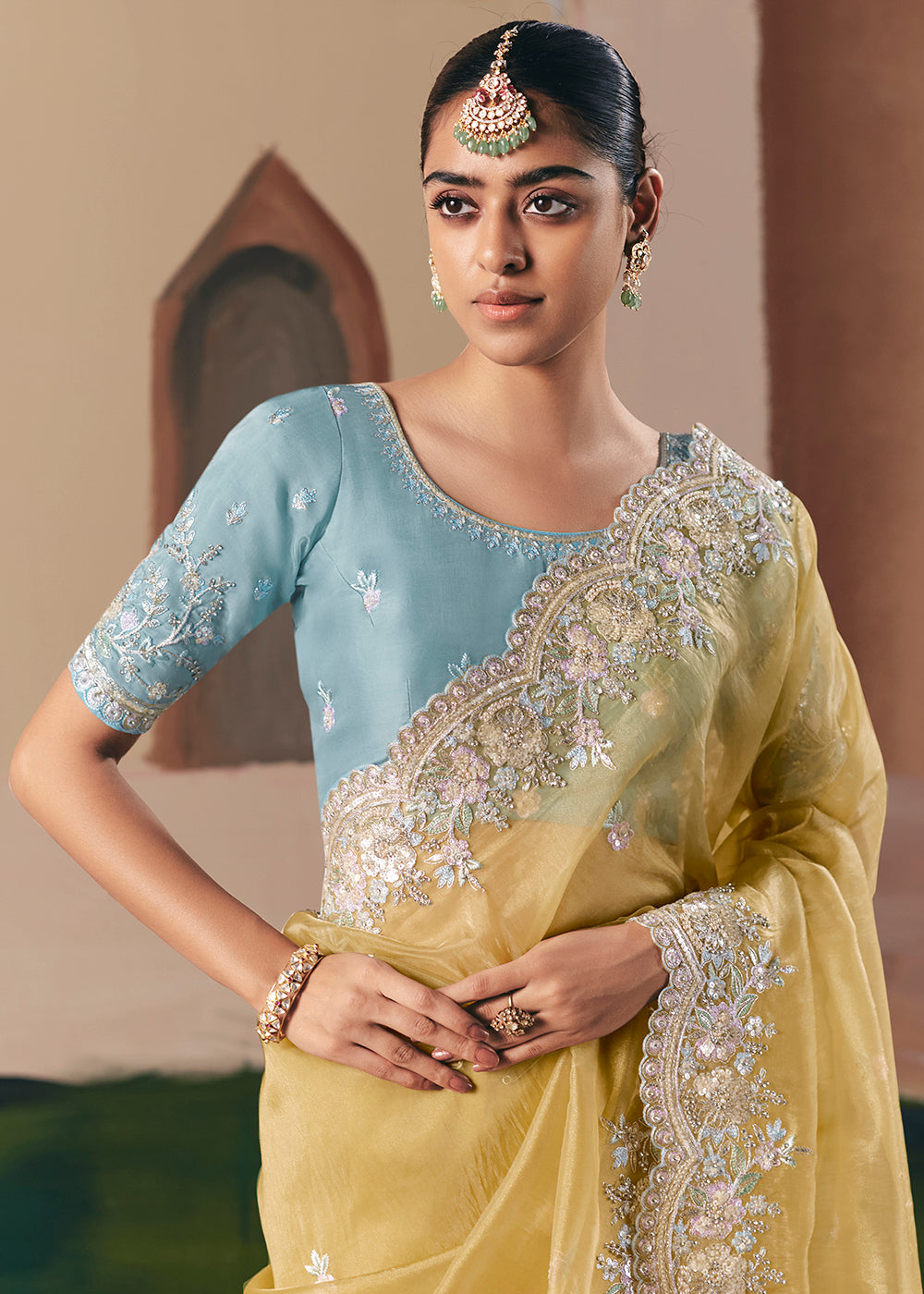 Buy Adorable Yellow Fancy Fabric Festive Designer Saree Online in US, UK, Canada, France, Germany, Italy, Denmark, Spain, Belgium, UAE & Worldwide at Empress.