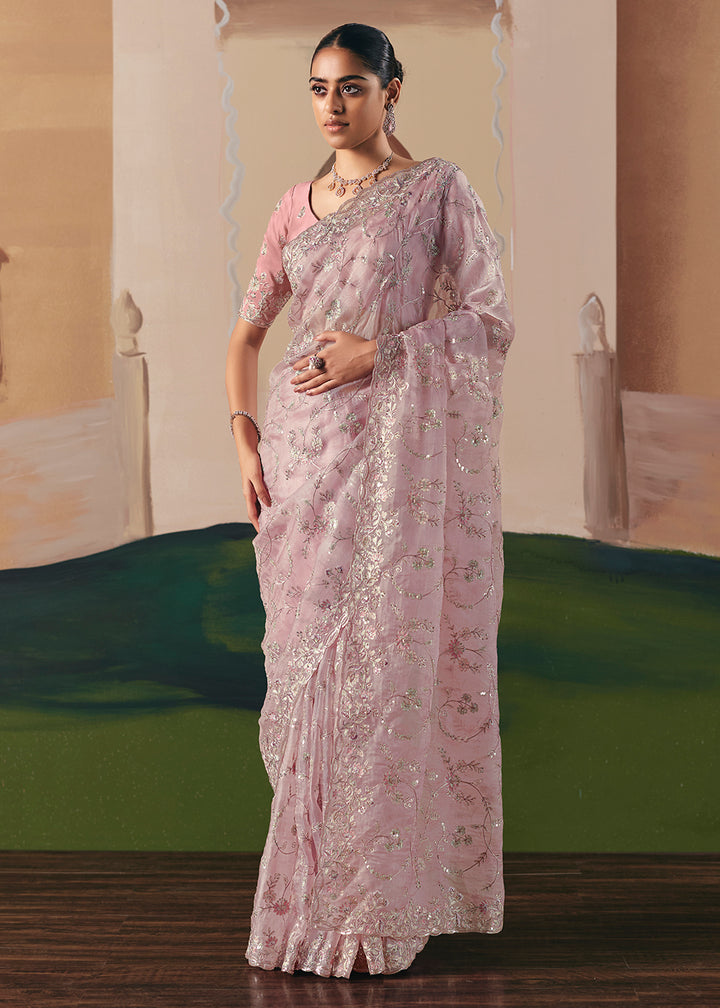 Buy Adorable Pink Fancy Fabric Festive Designer Saree Online in US, UK, Canada, France, Germany, Italy, Denmark, Spain, Belgium, UAE & Worldwide at Empress.