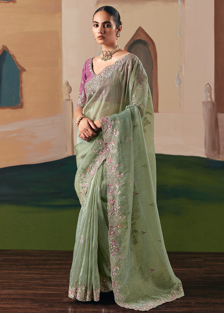 Buy Adorable Sage Green Fancy Fabric Festive Designer Saree Online in US, UK, Canada, France, Germany, Italy, Denmark, Spain, Belgium & Worldwide at Empress.