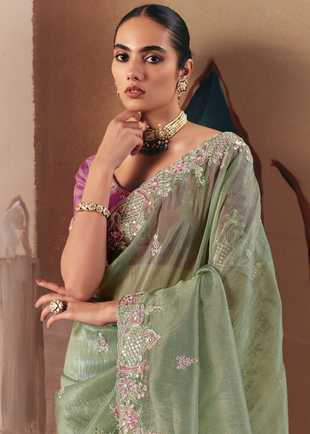Buy Adorable Sage Green Fancy Fabric Festive Designer Saree Online in US, UK, Canada, France, Germany, Italy, Denmark, Spain, Belgium & Worldwide at Empress.