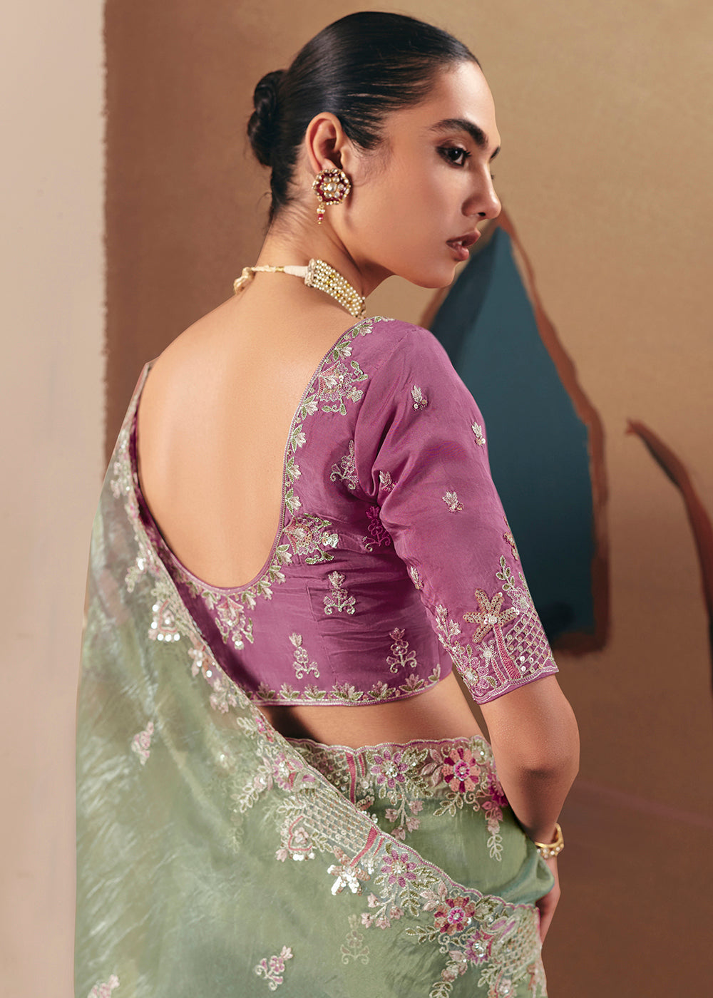 Buy Adorable Sage Green Fancy Fabric Festive Designer Saree Online in US, UK, Canada, France, Germany, Italy, Denmark, Spain, Belgium & Worldwide at Empress.