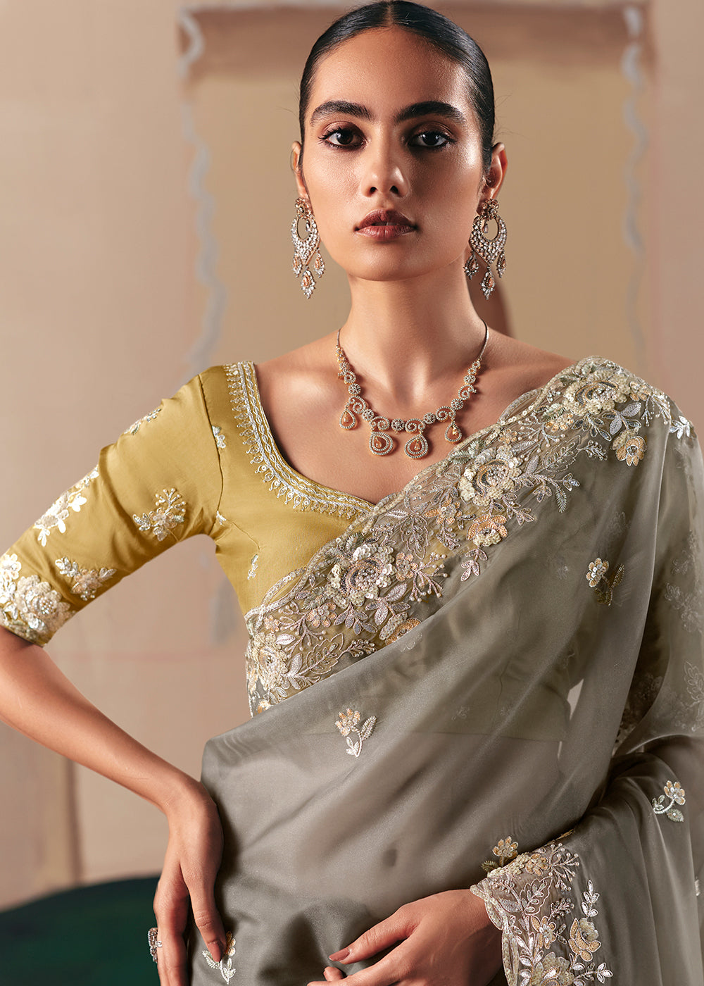 Buy Adorable Grey Fancy Fabric Festive Designer Saree Online in US, UK, Canada, France, Germany, Italy, Denmark, Spain, Belgium, Sweden & Worldwide at Empress.