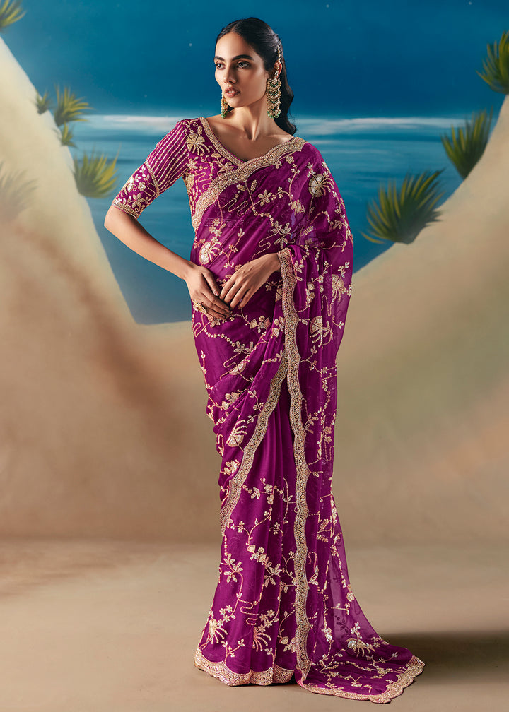 Buy Magenta Purple Satin Organza Fancy Designer Saree Online in US, UK, Canada, France, Germany, Denmark, Netherlands, Sweden, Greece & Worldwide at Empress.