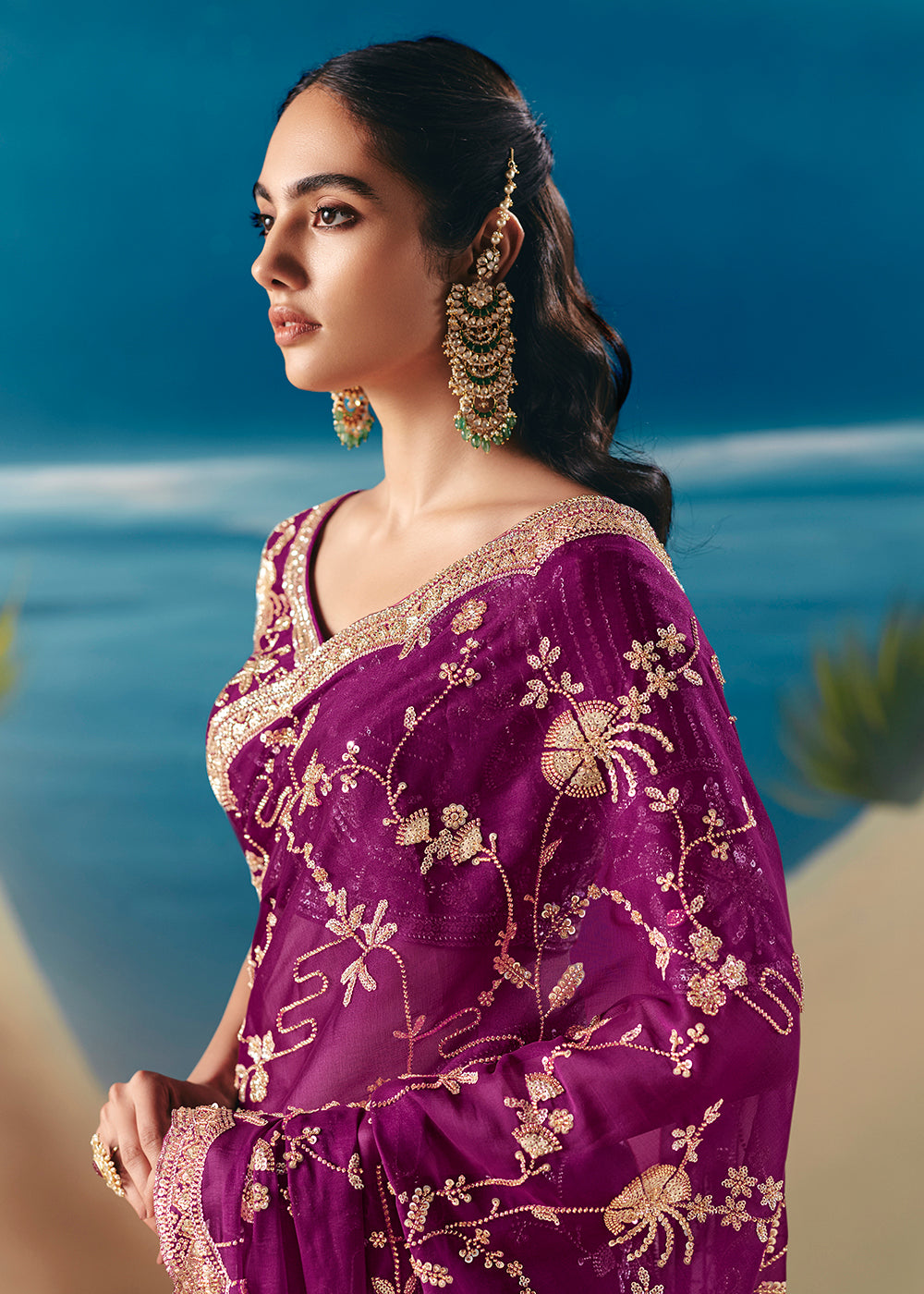Buy Magenta Purple Satin Organza Fancy Designer Saree Online in US, UK, Canada, France, Germany, Denmark, Netherlands, Sweden, Greece & Worldwide at Empress.