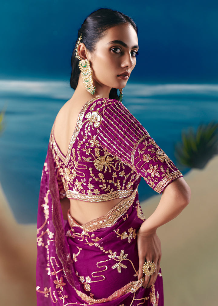 Buy Magenta Purple Satin Organza Fancy Designer Saree Online in US, UK, Canada, France, Germany, Denmark, Netherlands, Sweden, Greece & Worldwide at Empress.