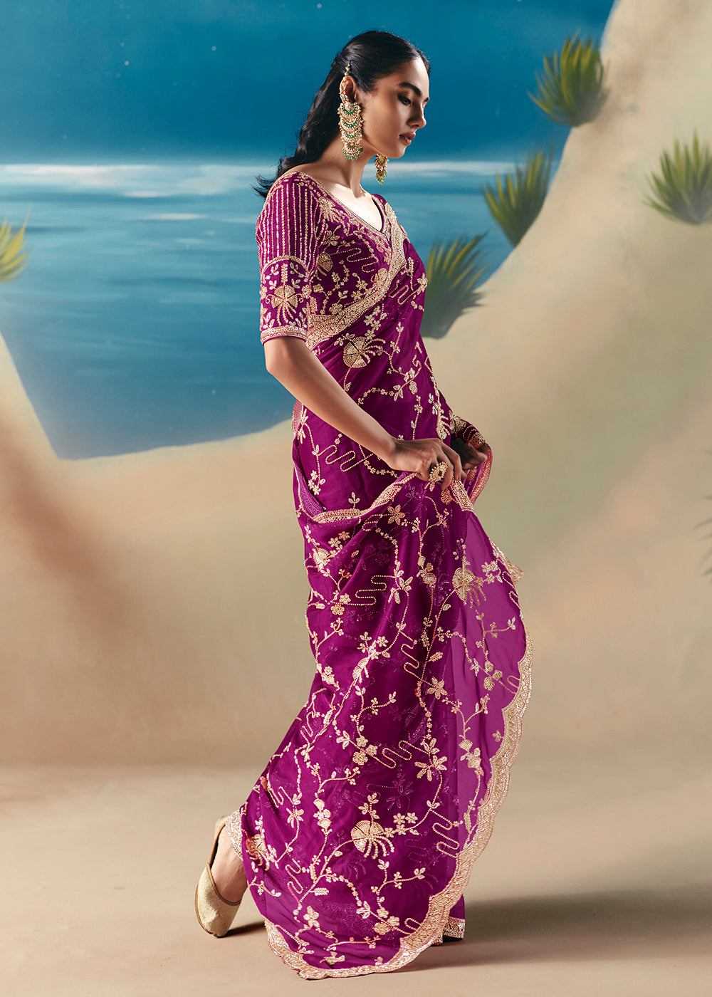 Buy Magenta Purple Satin Organza Fancy Designer Saree Online in US, UK, Canada, France, Germany, Denmark, Netherlands, Sweden, Greece & Worldwide at Empress.