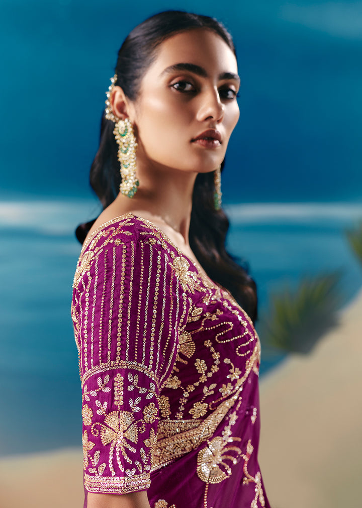 Buy Magenta Purple Satin Organza Fancy Designer Saree Online in US, UK, Canada, France, Germany, Denmark, Netherlands, Sweden, Greece & Worldwide at Empress.