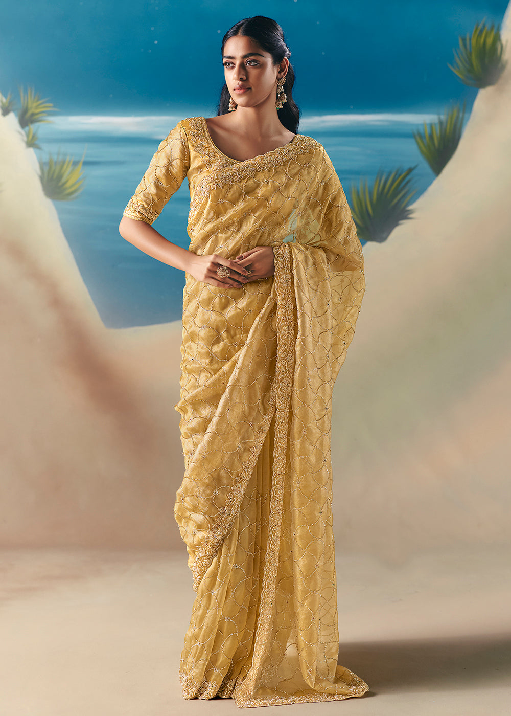 Buy Light Yellow Satin Organza Fancy Designer Saree Online in US, UK, Canada, France, Germany, Denmark, Netherlands, Sweden, Greece & Worldwide at Empress.