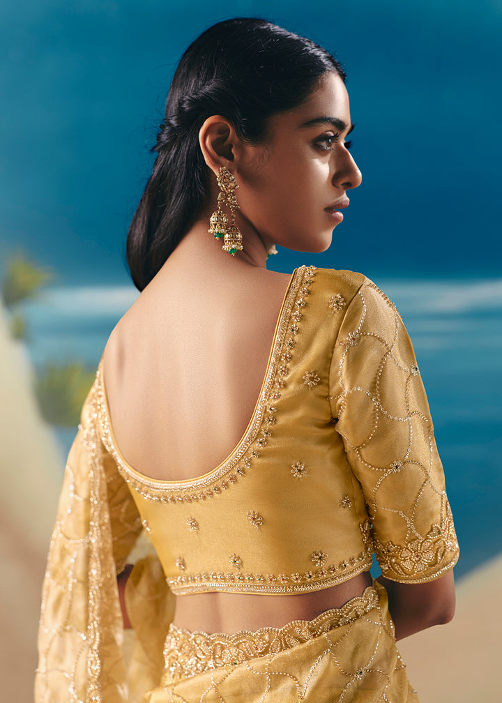 Buy Light Yellow Satin Organza Fancy Designer Saree Online in US, UK, Canada, France, Germany, Denmark, Netherlands, Sweden, Greece & Worldwide at Empress.