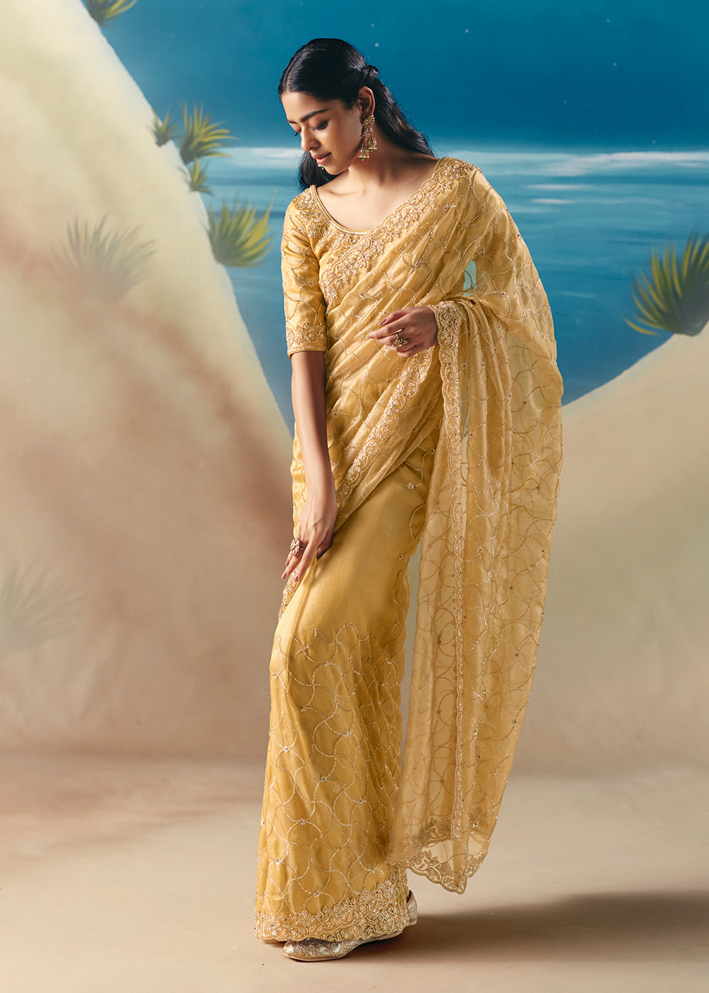 Buy Light Yellow Satin Organza Fancy Designer Saree Online in US, UK, Canada, France, Germany, Denmark, Netherlands, Sweden, Greece & Worldwide at Empress.