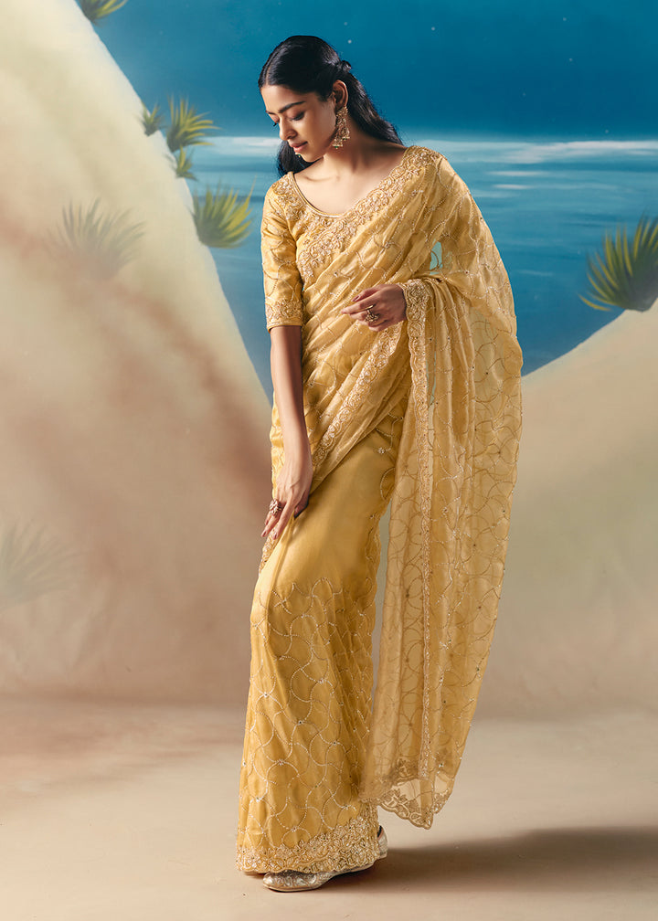 Buy Light Yellow Satin Organza Fancy Designer Saree Online in US, UK, Canada, France, Germany, Denmark, Netherlands, Sweden, Greece & Worldwide at Empress.