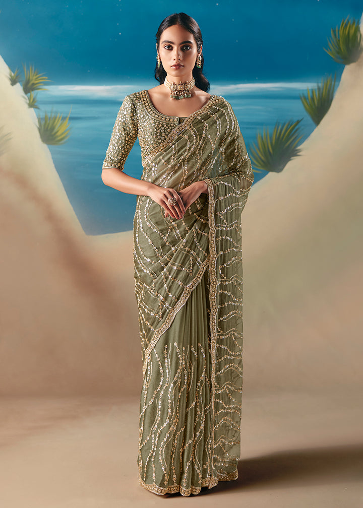 Buy Sage Green Satin Organza Fancy Designer Saree Online in US, UK, Canada, France, Germany, Denmark, Netherlands, Sweden, Greece & Worldwide at Empress.