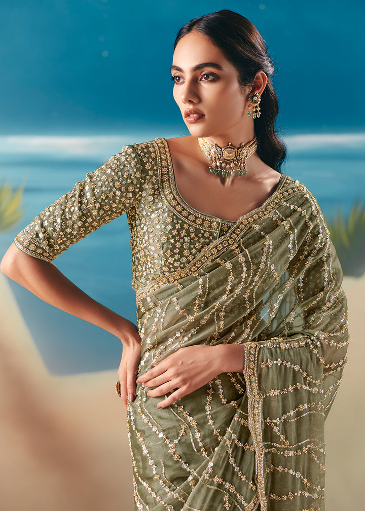 Buy Sage Green Satin Organza Fancy Designer Saree Online in US, UK, Canada, France, Germany, Denmark, Netherlands, Sweden, Greece & Worldwide at Empress.