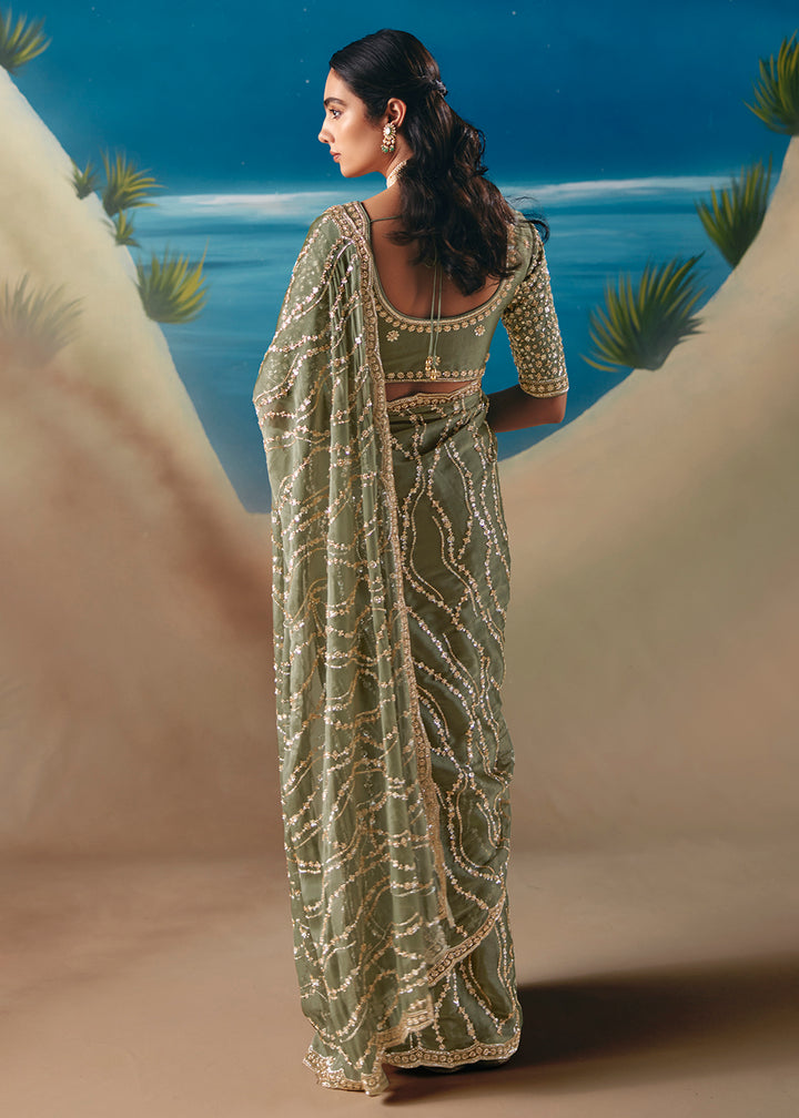 Buy Sage Green Satin Organza Fancy Designer Saree Online in US, UK, Canada, France, Germany, Denmark, Netherlands, Sweden, Greece & Worldwide at Empress.