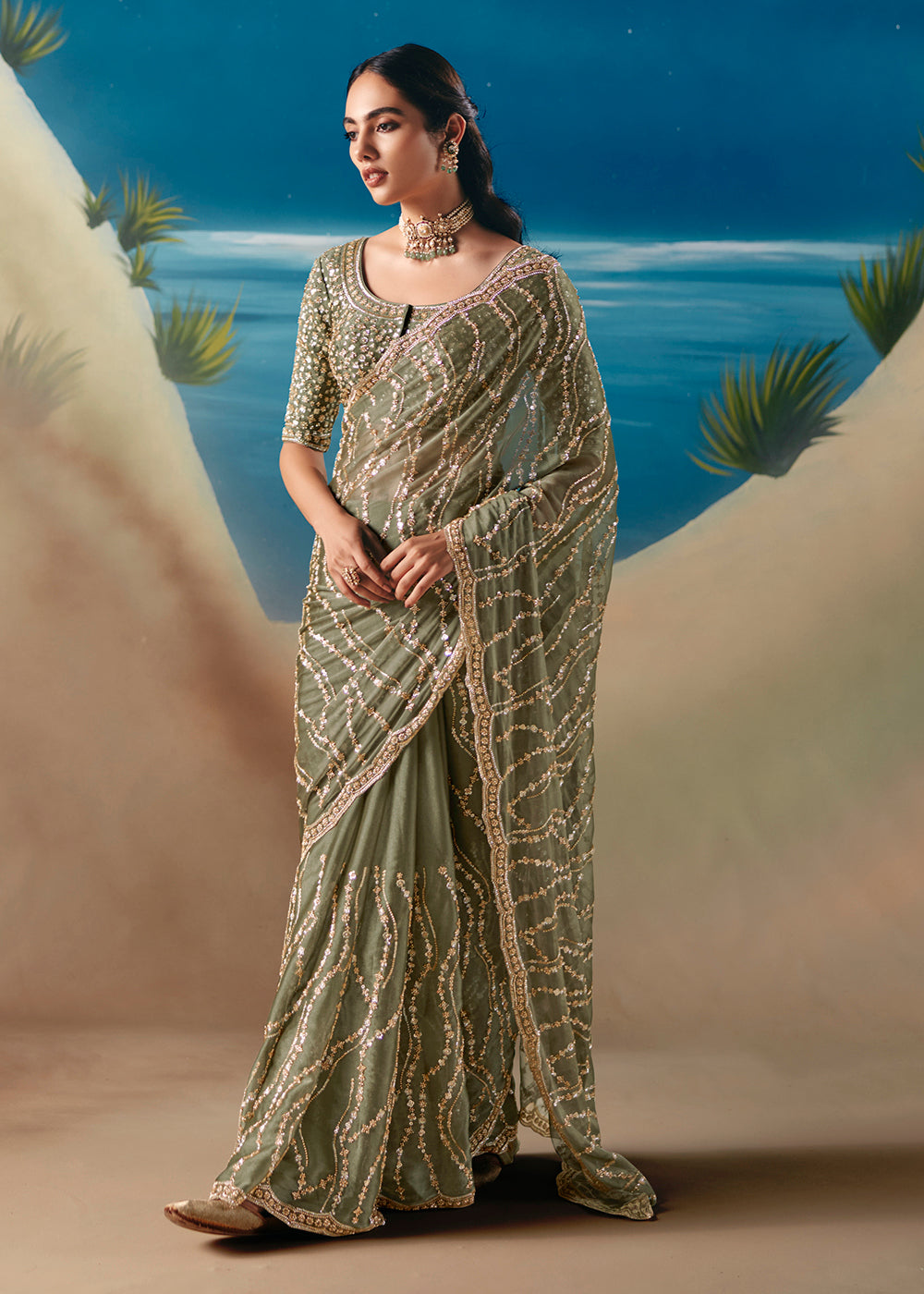 Buy Sage Green Satin Organza Fancy Designer Saree Online in US, UK, Canada, France, Germany, Denmark, Netherlands, Sweden, Greece & Worldwide at Empress.